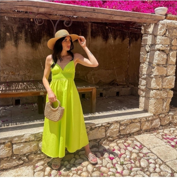 Zara Poplin Dress with Pockets Midi Maxi Lime - Picture 4 of 12